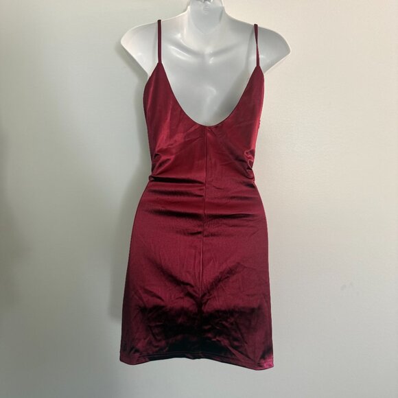PeachPuff Burgundy Satin Slip Dress | Deep U Back | Curve Hugging | Size L - Picture 4 of 9